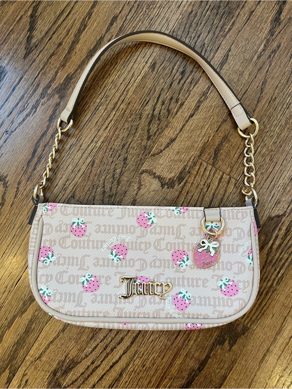 Juicy Couture Beige Shoulder Bag with Pink Strawberry Print